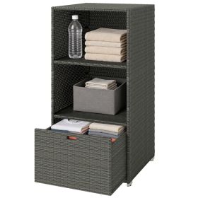 Valet Pool Towel Rack, Water-Resistant PE Plastic Rattan Wicker Storage Organizer, 2 Shelves, 1 Basket Drawer, Dark Gray