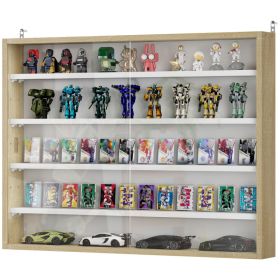 5-Tier Display Cabinet, Wall-Mounted Display Case with 2 Glass Doors and Adjustable Shelves, Oak and White
