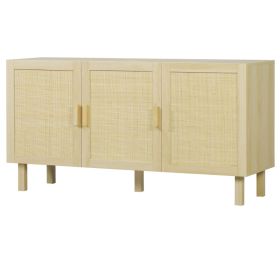 Boho Kitchen Cabinet, Buffet Cabinet with 3 Rattan Doors and Adjustable Shelves for Dining Room, Natural