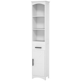 Farmhouse Tall Slim Bathroom Storage Cabinet with Recessed Drawer, Narrow Cabinet with Barn Door, White