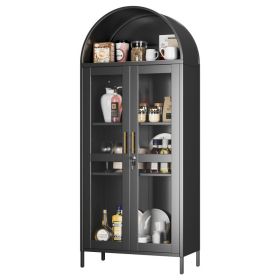 Metal Arched Cabinet With Lock, Arch Display Bookcase With Glass Doors Shelves, Modern Freestanding Kitchen Pantry Storage Cabinet For Dining Roo (Option: Black)