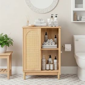 Natural Wood Color, Particleboard With Melamine Veneer And Rattan Finish, 60*30*80cm, Double Doors, Bathroom Vanity (Option: Defaulttitle)
