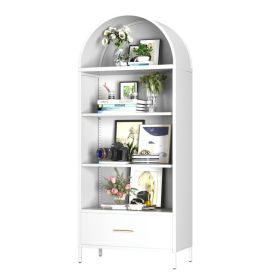 72.83inch H Metal Arched Bookshelf Cabinets,Arch Bookshelf With Drawer For Home Office, Assemble Require, White (Option: White)