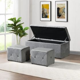1 Piece Rectangular Storage Ottoman Fabric Linen With 2 Set Ottomans Beige (Option: Grey)
