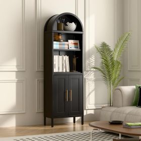 61 In Tall Metal Arched Bookcase, 5-Tier Arched Bookcase With Doors, Modern Farmhouse Bookshelf With 2 Adjustable Shelves, Pantry Display Cabinet (Option: Black)