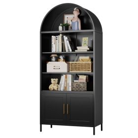 Metal Arched Bookcase Cabinet,Wide Black Arched Bookshelf With 2 Adjustable Shelf For Home Office Living Room,Required Assembly (Option: Black)