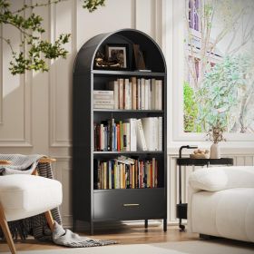 73inch Tall Arched Bookcase Cabinet, 5-Tiers Metal Black Arched Bookshelf With Drawer For Living Room, Home Office, Assembly Required (Option: Black)