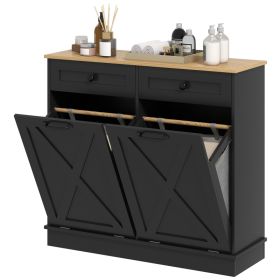 Tilt Out Laundry Hamper Cabinet, Bathroom Storage Cabinet with 2 Removable Baskets and 2 Drawers, Black (Option: Black-1100x545x210 mm)