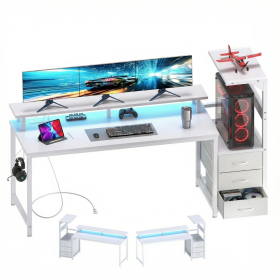 52-inch Gaming Table With Drawers And 3 Fabric Drawers, Equipped With USB Ports And LED Lights For The Computer Desk (Option: White 52in)