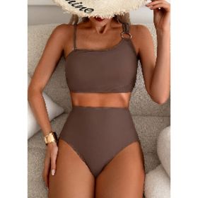 Women's 2 Piece Tummy Control Bikini Set High Waist Asymmetrical Metal Ring Swimsuit (Option: L)