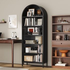 73inch Tall Arched Bookcase Cabinet, 6-Tiers Metal Black Arched Bookshelf For Home Office, Living Room, Assembly Required (Option: Black)