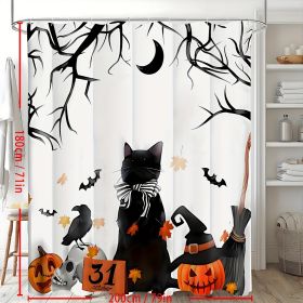 Spooky Halloween Shower Curtain Set - Vibrant Printed Design,12 Hooks - 1Pcs, Pumpkin Lantern, Black Cat, Crow Skull, Broom, Bat, Dead Branch Des (Option: 180x200)