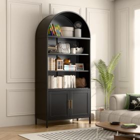 79 In Tall Metal Arched Bookcase, 6-Tier Arched Bookcase With Doors, Modern Farmhouse Bookshelf With 3 Adjustable Shelves, Pantry Display Cabinet (Option: Black)