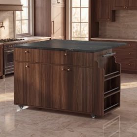 Kitchen Island With Storage Rolling Kitchen Island Cart With Drop Leaf Extension, Black Marble Top, Drawers, Spice Rack, Towel Bar, Mobile Kitche (Option: Walnut)