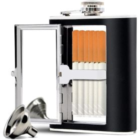Stainless Steel Flask, Leak-proof Pocket Hidden Flasks With Built-in Cigarette Case And Leather Wrapped Cover, Black Hip Flask And Mini Funnel Se (Option: CB24151)